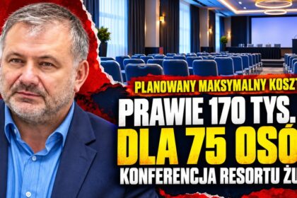 Publicystyczny fotomontaż Waldemara Żurka i sali konferencyjnej z informacją o planowanym maksymalnym koszcie prawie 170 tys. zł dla 75 osób.